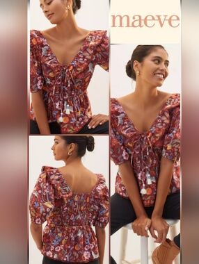 Maeve Anthropologie Ruffled Tie-Front Peasant Blouse